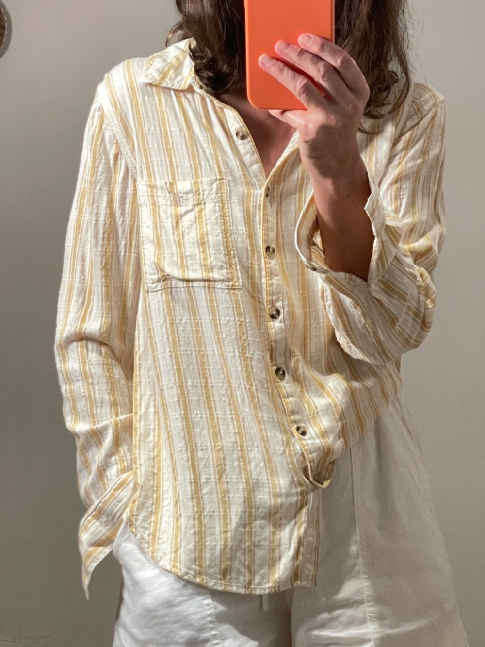 Maurices white and mustard stripes casual shirt women S